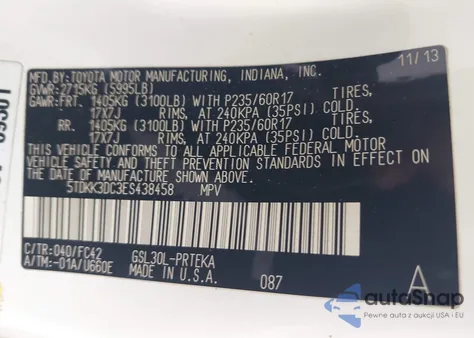 2014 Toyota Sienna Le V6 8 Passenger z USA, uszkodzony, nr VIN 5TDKK3DC3ES438458